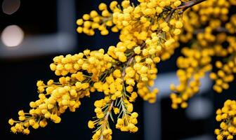 AI generated Branch of mimosa tree with yellow flowers. Shallow depth of field. photo