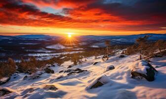 ai generado un vívido invierno puesta de sol con ardiente naranja cielo terminado un cubierto de nieve paisaje exudando serenidad foto