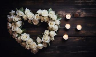 AI generated Heart of white flowers on wooden background. Valentines day concept. photo