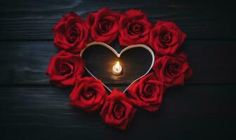 AI generated Heart of red roses and a burning candle on a dark wooden background photo