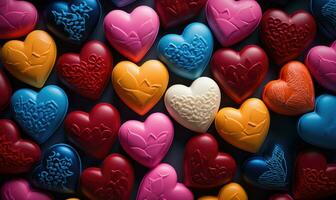 AI generated Colorful heart shaped candies on a dark background. Selective focus. photo