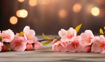 AI generated Blossoming branch of peach on a wooden background with copy space photo
