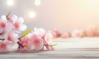 AI generated peach blossom on wooden table with bokeh light background photo