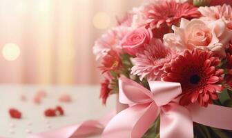 AI generated Bouquet of pink flowers with ribbons on a light background photo