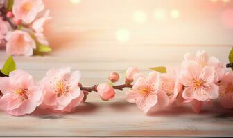 AI generated Blossoming branch of peach on a wooden background with copy space photo