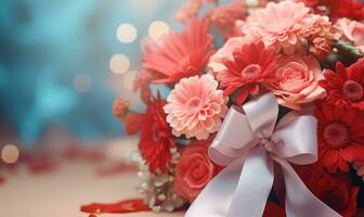 AI generated Bouquet of red and pink flowers with ribbon on blue background. Gerberas and roses. Copy space. Bokeh lights. photo