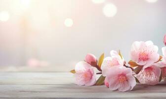 AI generated Blossoming branch of peach on a wooden background with copy space photo