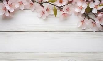 AI generated peach blossom on wooden background with copy space for your text photo