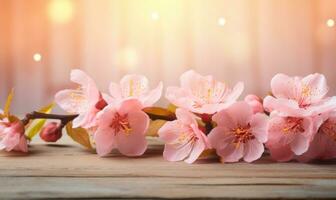 AI generated peach blossom on wooden table with bokeh light background photo
