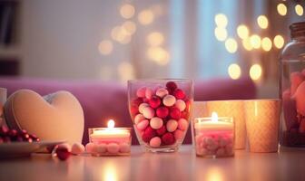 AI generated a beautiful set with two crystal glasses with pink wine on table, burning candles and decoration with chocolate hearts. valentine's day holiday photo