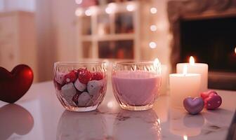 AI generated Burning candles in room decorated for Valentine's Day, closeup photo