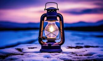 AI generated Lantern in the snow at sunset, vintage style photo. Violet sunset. photo