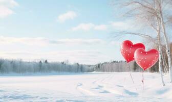 AI generated Red balloons in the blue sky. Horizontal banner. Valentine's day background with heart-shaped balloons in bright blue sky. photo