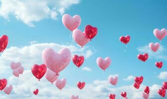 AI generated Red balloons in the blue sky. Horizontal banner. Valentine's day background with heart-shaped balloons in bright blue sky. photo