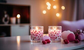 AI generated Burning candles in room decorated for Valentine's Day, closeup photo