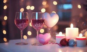 AI generated Two glasses of red wine and candles with hearts on bokeh background photo