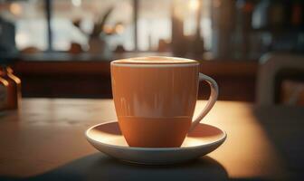 AI generated A steaming coffee cup on a saucer placed on a table with a warm, cozy cafe atmosphere and soft bokeh lights photo