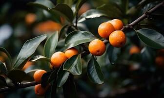 AI generated Oranges on the branch close up. Green leaves and ripe fruits. photo