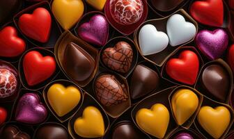 ai generado San Valentín día antecedentes con en forma de corazon chocolate golosinas foto