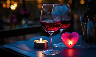 AI generated Valentine's day greeting card. Two glasses of wine, two hearts and candles on a background of bokeh photo