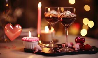 AI generated Two glasses with chocolate desert and candies on table. Bokeh lights. Burning candles on table. Romantic date photo