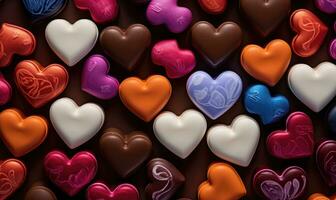 AI generated Colorful heart shaped candies on a dark background. Selective focus. photo