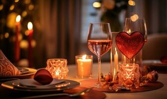 ai generado romántico cena con dos lentes de rojo vino en de madera mesa decorado con corazones y velas foto