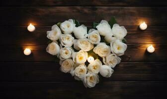 AI generated White roses and candles on a wooden background in the shape of a heart photo