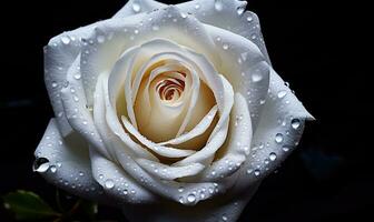 ai generado hermosa blanco Rosa con agua gotas en pétalos de cerca foto