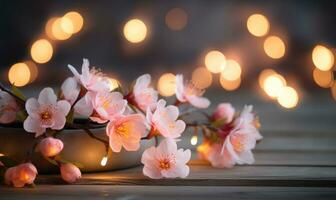 AI generated peach blossom on wooden table with bokeh lights background photo