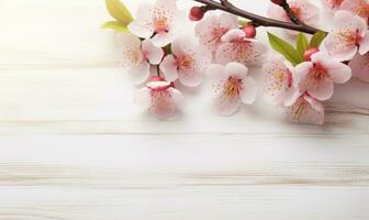 AI generated peach blossom on white wooden background with copy space for your text photo