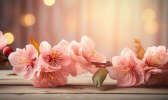 AI generated Blossoming branch of peach on a wooden background with copy space photo