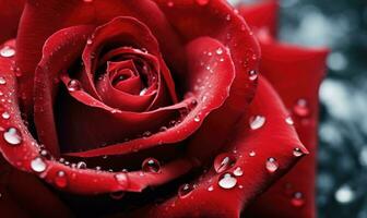 AI generated Beautiful red rose with water drops close-up on a dark background photo