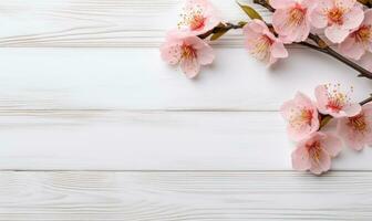 AI generated peach blossom on wooden background with copy space for your text photo