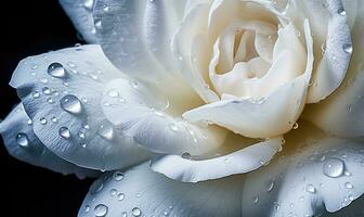 AI generated Beautiful white rose with water drops on black background. Macro. photo