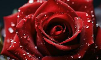 AI generated Red rose with water drops close-up, shallow depth of field photo