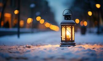 AI generated Lantern on the railway at night. Beautiful winter landscape. photo