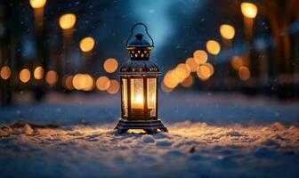 AI generated Lantern in the snow at night. Festive background. photo