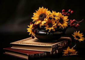 ai generado todavía vida con un florero de girasoles y libros en un negro antecedentes foto