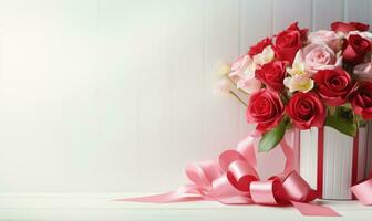 AI generated Bouquet of red roses with gift box on wooden background. photo