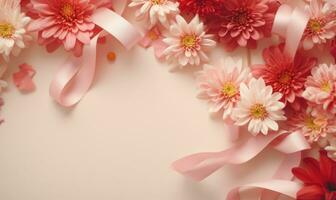 AI generated Top view of pink and white flowers on white background with copy space photo