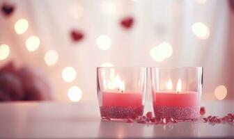 ai generado romántico velas en mesa en habitación decorado con flores, de cerca foto