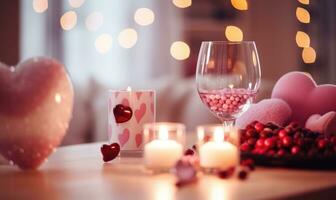 AI generated a beautiful set with two crystal glasses with pink wine on table, burning candles and decoration with chocolate hearts. valentine's day holiday photo