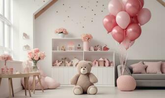 ai generado para niños habitación con rosado cama, globos y osito de peluche oso. un dormitorio adornado con rosado globos, osito de peluche osos, y regalo cajas foto