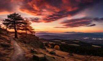 ai generado un sereno puesta de sol con calentar colores fundición terminado un montaña camino forrado con pino arboles debajo un dramático cielo foto