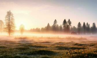 AI generated Sunrise in a misty meadow with trees in the background photo