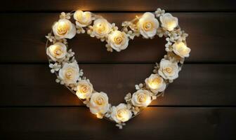 AI generated Heart shape made of white roses and garland lights on wooden background photo