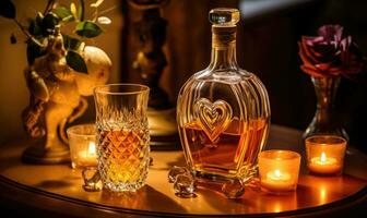 AI generated Bottle of cognac and two glasses on the table. Valentine's Day photo