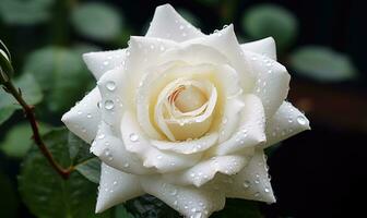 AI generated White rose with water droplets on petals on a black background . Closeup view photo