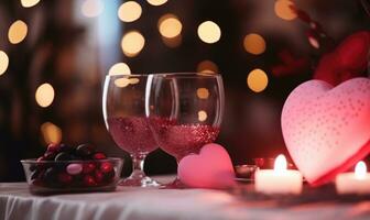 ai generado San Valentín día antecedentes con dos lentes de vino, velas y corazones foto
